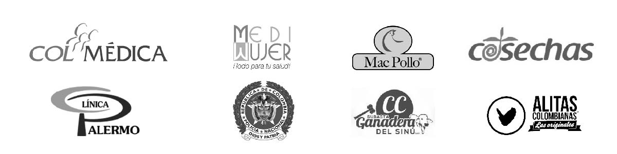 logos de empresasde salud, comida y comercio en blanco y negro que utilizan los servicios de Tecnología Plus